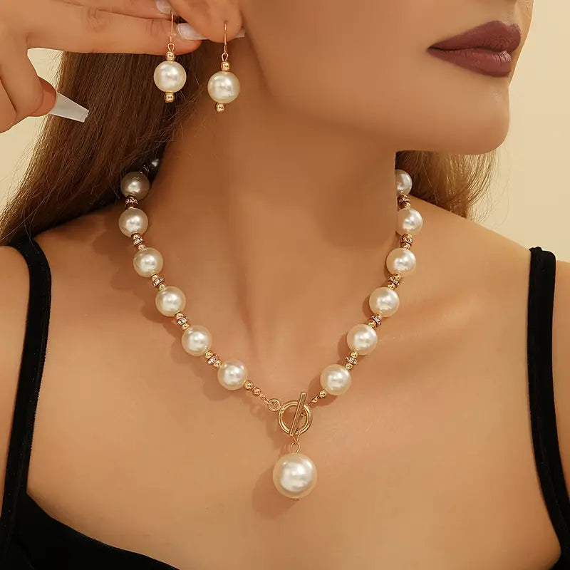 Pearl Decor Necklace + Earrings