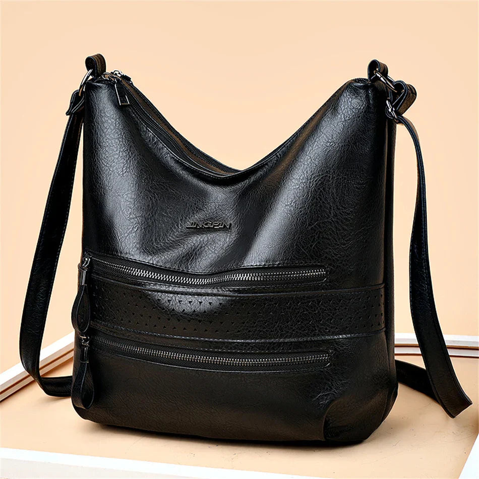 Aaliyah™ - Double Zipper Leather Shoulder Bag