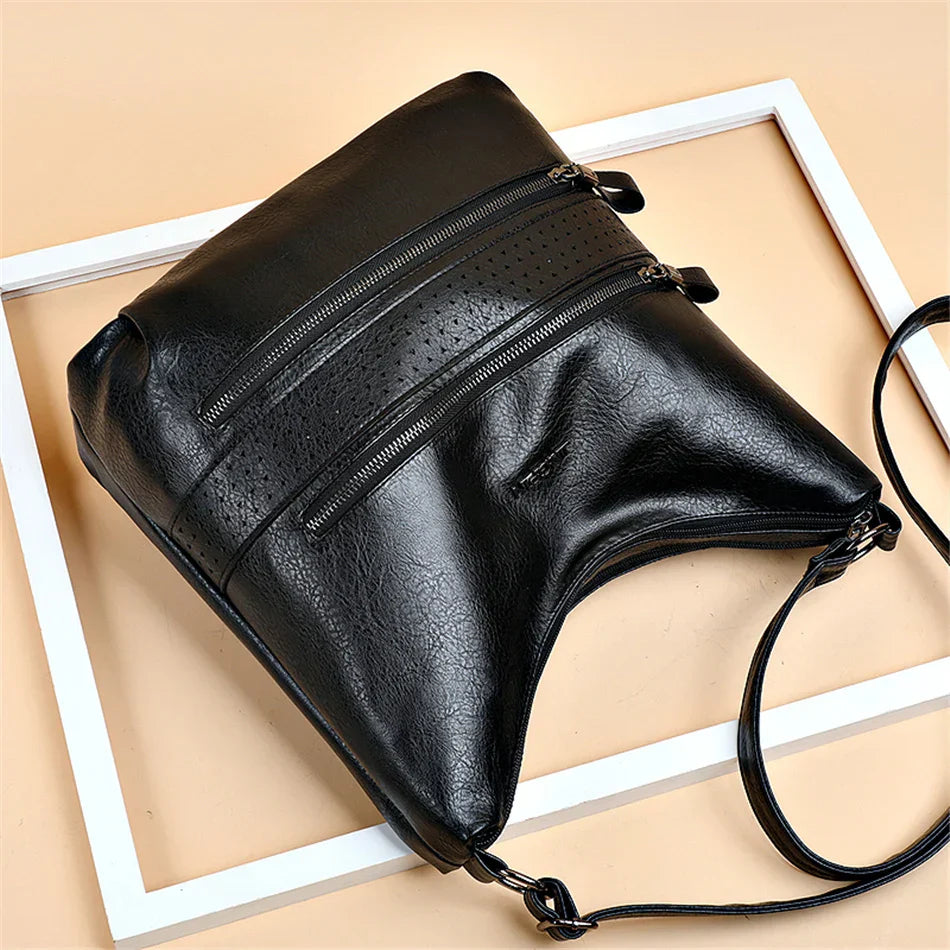 Aaliyah™ - Double Zipper Leather Shoulder Bag